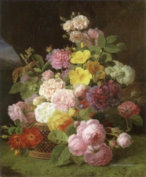  Ledg Oil Painting - Jan Frans van Dael roses peonies and other flowers on a ledge Flowering